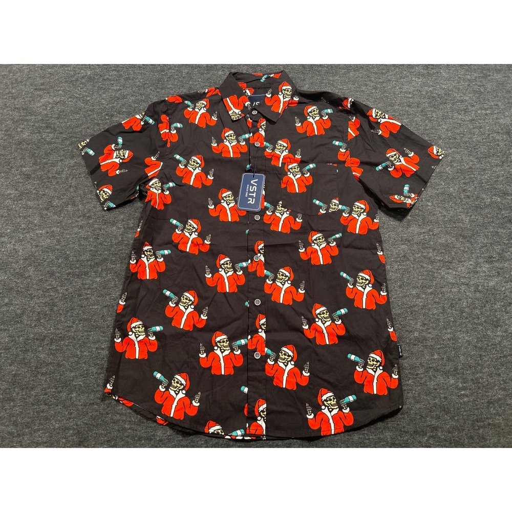 VSTR Button Down Shirt Mens Small Black NEW Drinking Skeleton Santa Short Sleeve